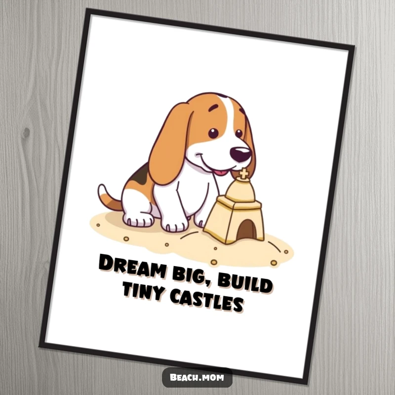 Funny Free Printable Wall Art: A Basset Hound is intently focused on constructing a tiny sandcastle.