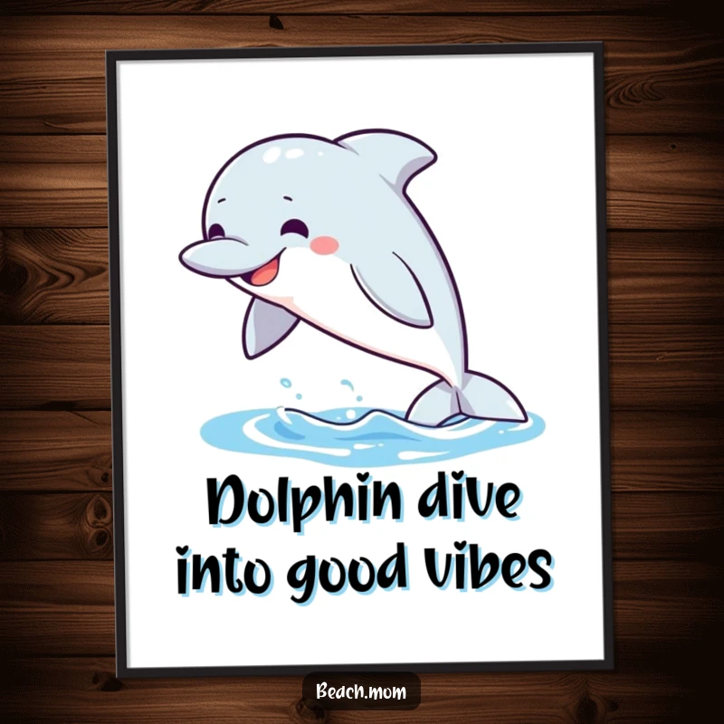 Funny Free Printable Wall Art: A cheerful dolphin leaps high out of the water, showcasing a wide, happy grin.