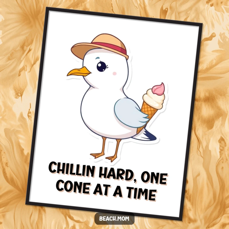 Funny Free Printable Wall Art: A seagull wearing a tiny hat happily holds an ice cream cone, adding whimsical decor.