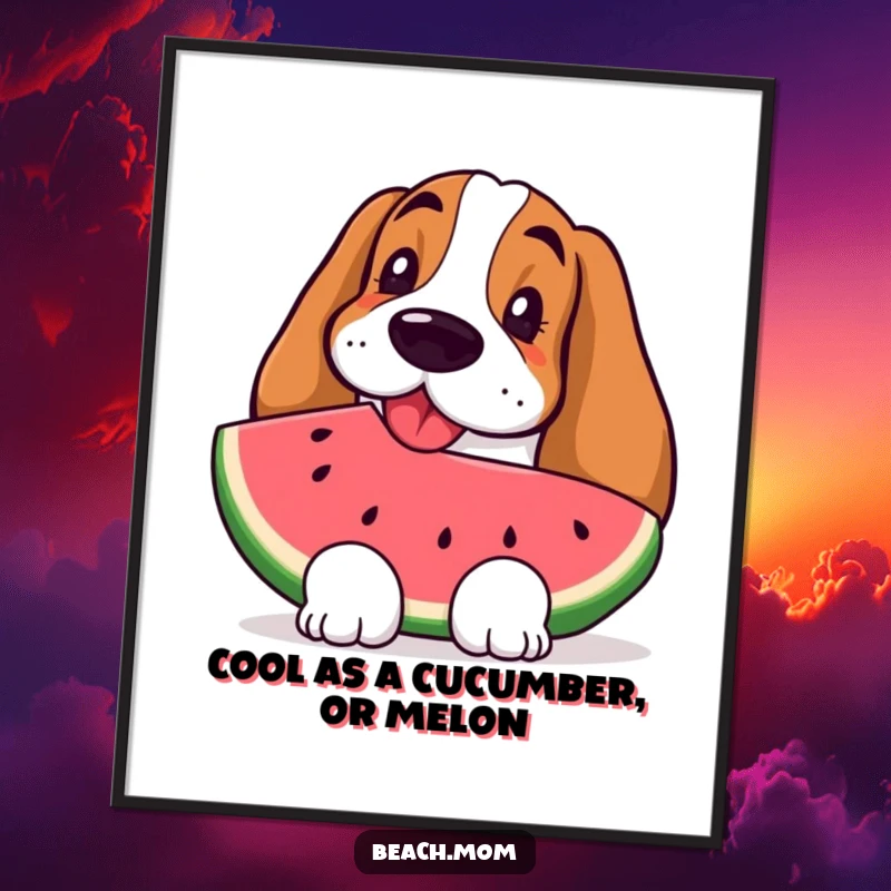 Funny Free Printable Wall Art: A Basset Hound looks refreshed and happy holding a slice of watermelon.