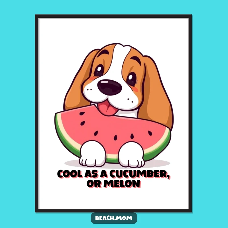 Free Printable Wall Art: Happy Basset Hound with Watermelon - Refreshing Downloadable Art