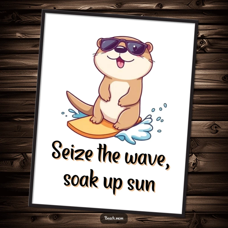 Funny free printable wall art of a happy otter sporting sunglasses, confidently surfing a small wave towards a sunny shore.