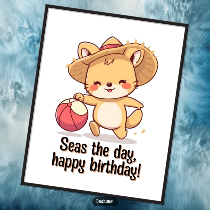 Funny Free Printable Wall Art: Whimsical animal in straw hat joyfully chasing a beach ball on the sand. Fun decor.