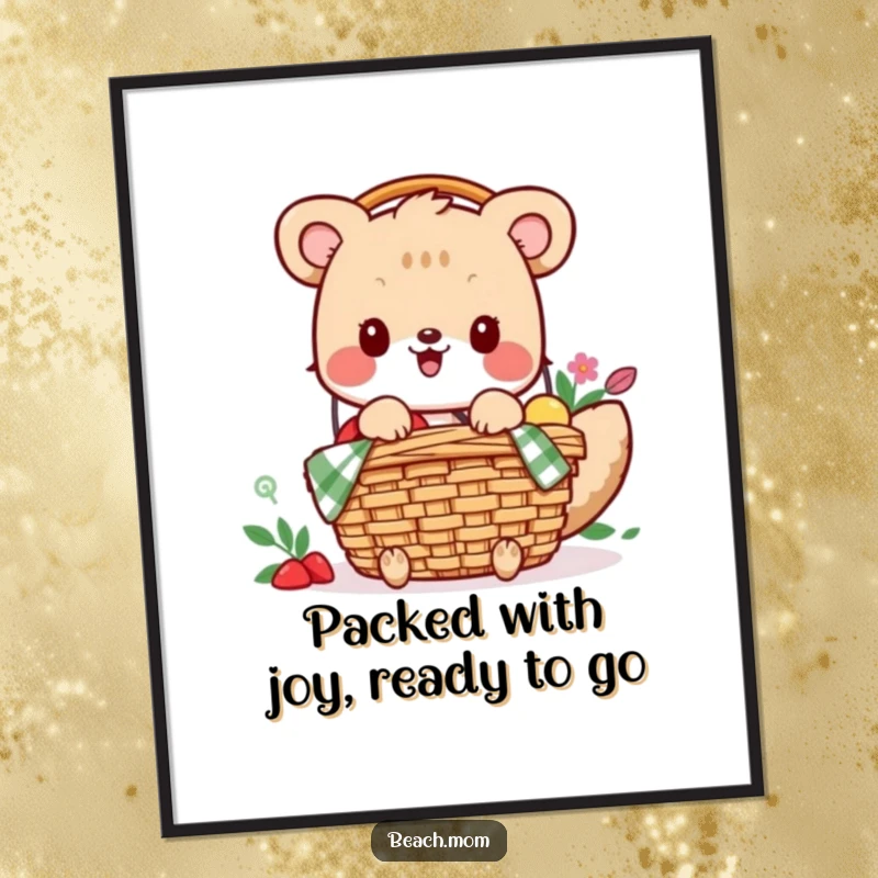 Funny Free Printable Wall Art: Whimsical animal excitedly packing a picnic basket, ready for an outdoor feast. Fun downloadable art.