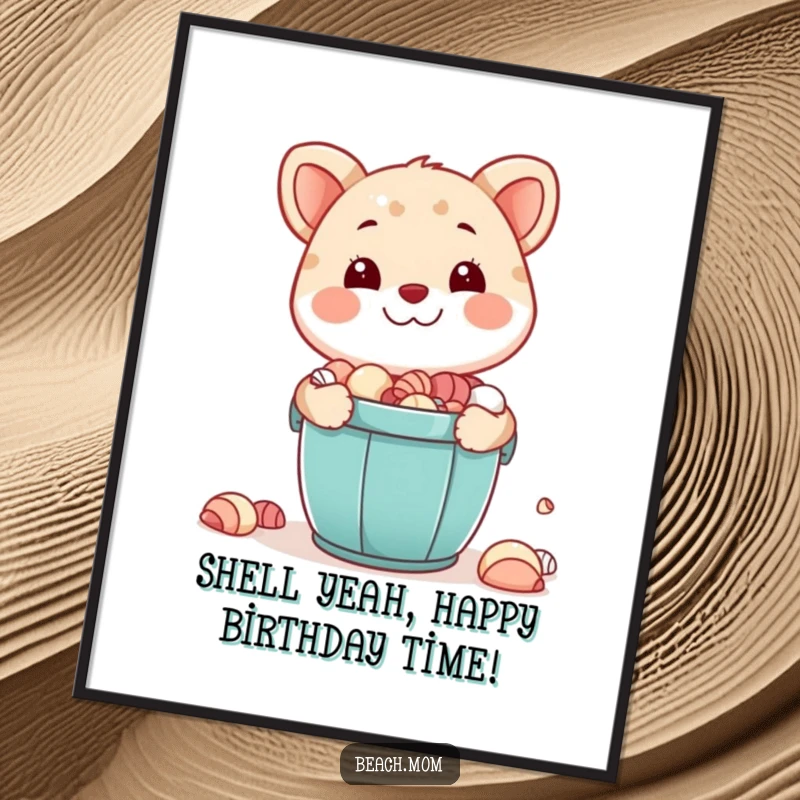 Funny Free Printable Wall Art: Happy animal proudly showing a bucket full of seashells. Charming downloadable beach art.