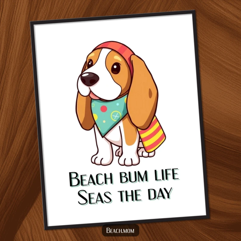 Funny Free Printable Wall Art: A Basset hound in a bandana carries a beach bag, heading for a hilarious getaway.