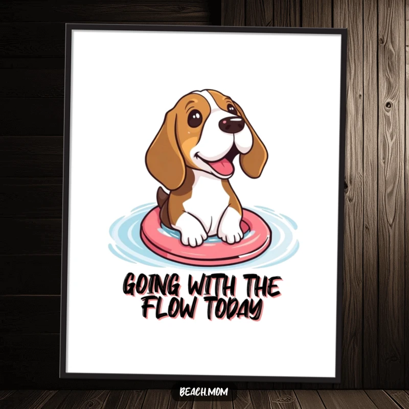 Funny Free Printable Wall Art: A Basset Hound with small floaties excitedly paddling in the water, full of zest.