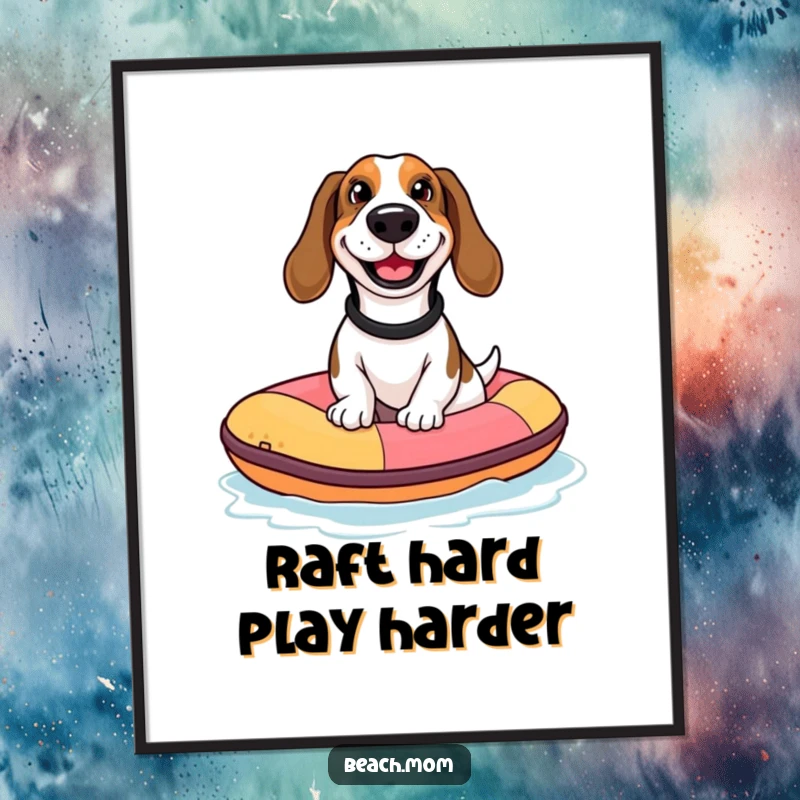 Funny Free Printable Wall Art: A Basset hound with a goofy grin rides a tiny inflatable raft on the water.