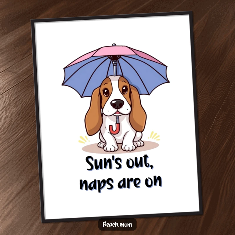 Funny Free Printable Wall Art: Basset hound smartly uses a small umbrella to avoid the sun's rays.