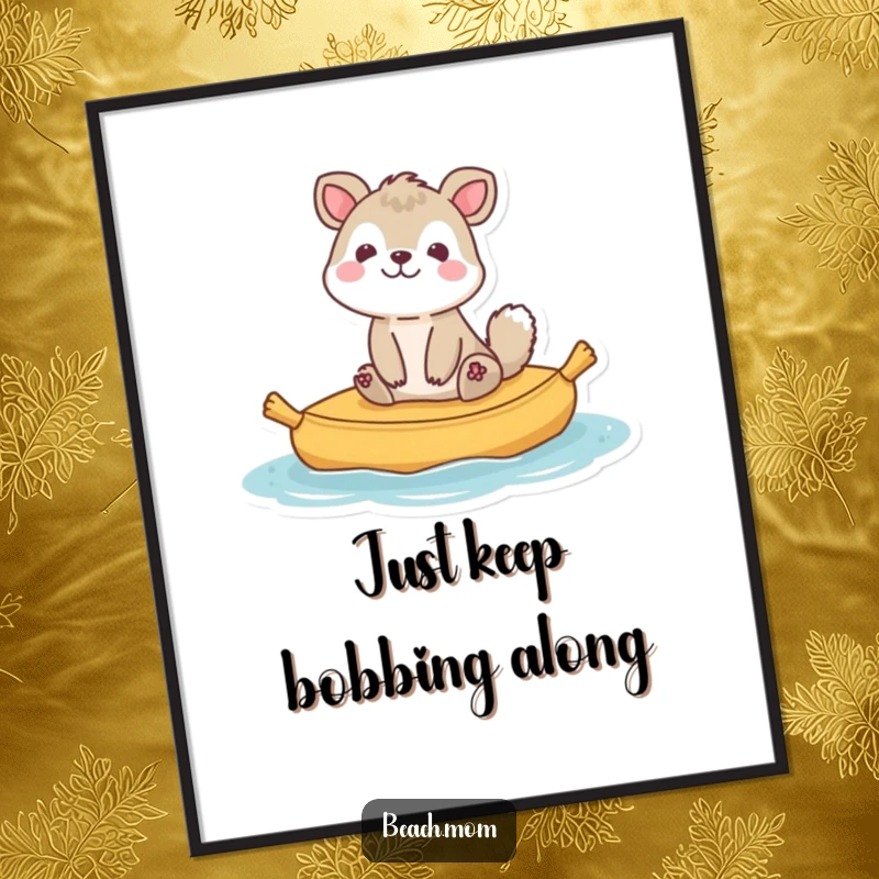 Funny Free Printable wall art of an animal character happily bobbing on a raft, bringing a relaxed and cheerful mood.