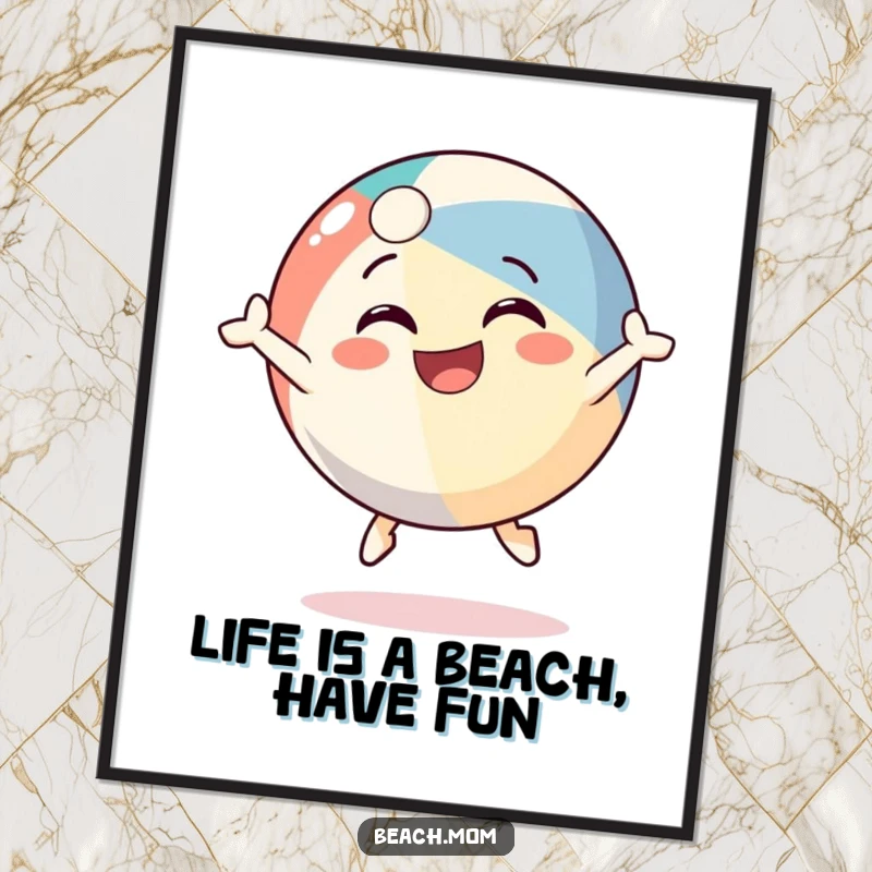 Funny Free Printable Wall Art: A beach ball character with a big grin, captured mid-bounce.