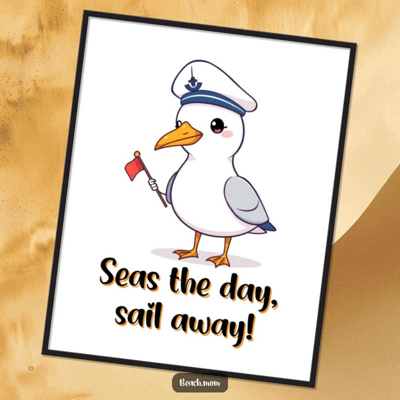 Funny Free Printable Wall Art: A seagull in a sailor hat holds a tiny flag, looking ready for adventure by the sea.