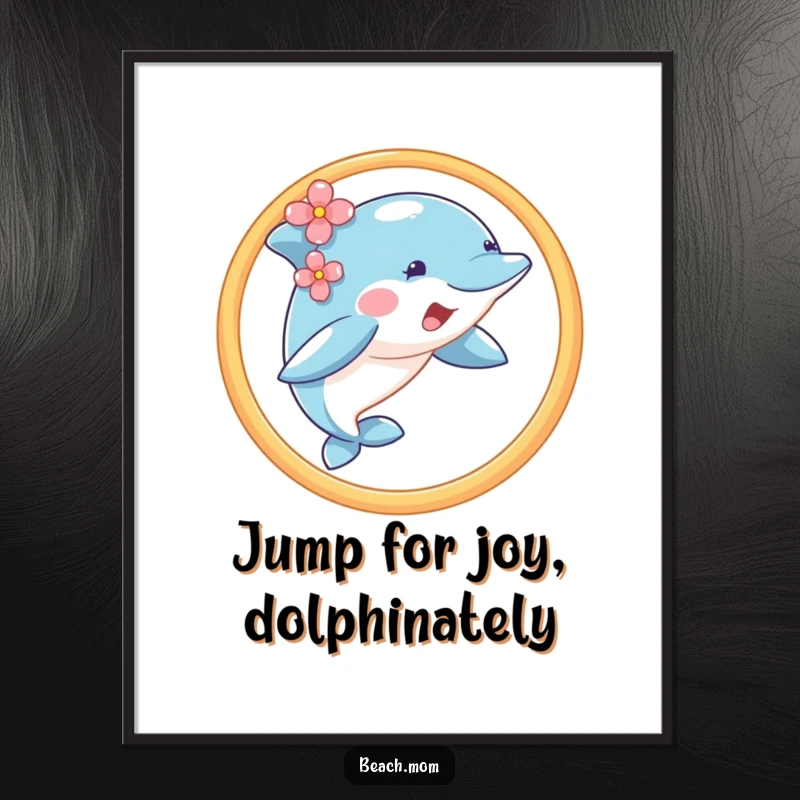 Funny free printable wall art: A happy dolphin with a flower behind its ear performs an exciting jump through a hoop, full of life.