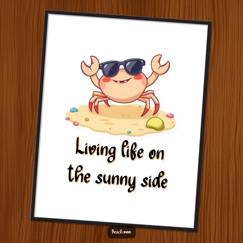 Funny Free Printable Wall Art: A cool crab wearing sunglasses scuttles on colorful sand, bringing beachy humor.