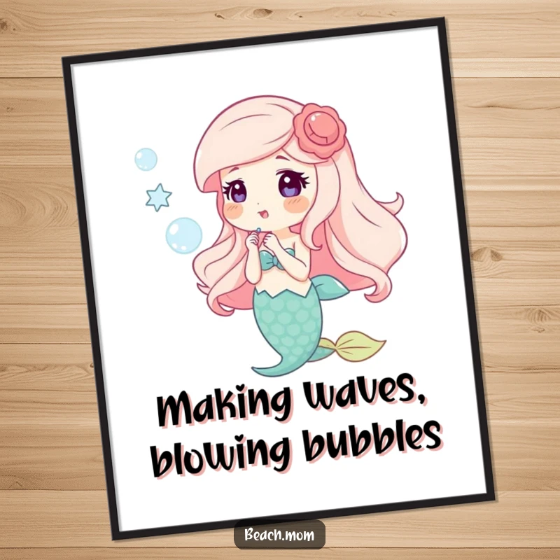 Funny Free Printable Wall Art: Happy mermaid with shell accessories blowing bubbles, underwater magic. Hilarious downloadable decor.