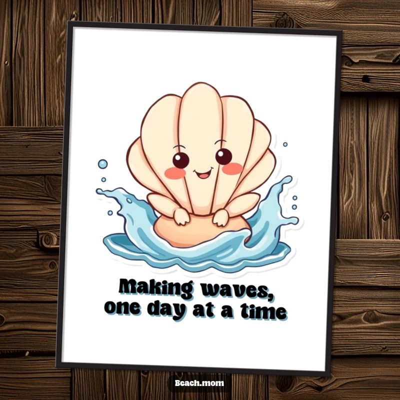 Funny Free Printable Wall Art of a smiling seashell character splashing playfully in blue ocean waves, perfect for coastal decor.