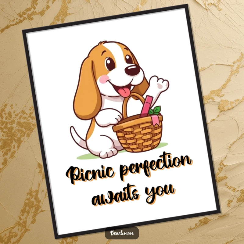 Funny free printable wall art of a Basset Hound holding a picnic basket, extending a happy and inviting gesture.