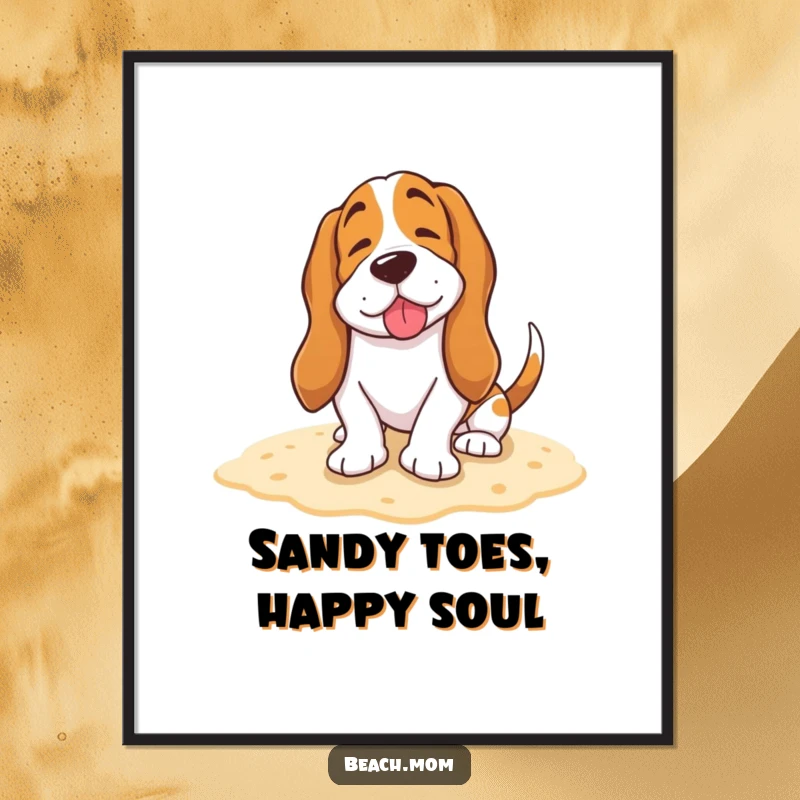 Funny Free Printable Wall Art: Basset Hound burying its tail in the sand with a happy sigh, looking content