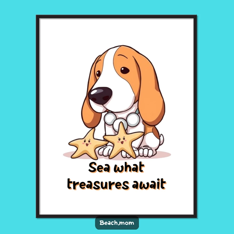 Free Printable Wall Art: Curious Beachcombing Basset Hound, Ocean Download