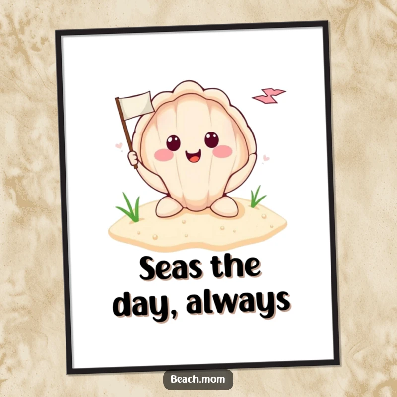 Funny Free Printable Wall Art of a smiling seashell planted in sand, holding a tiny flag, a charming beach accent.