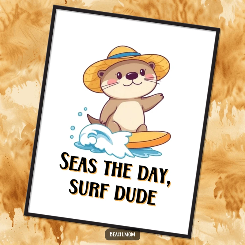 Funny Free Printable Wall Art: Cute sea otter with a sun hat, skillfully surfing a small wave, sunny beach day.