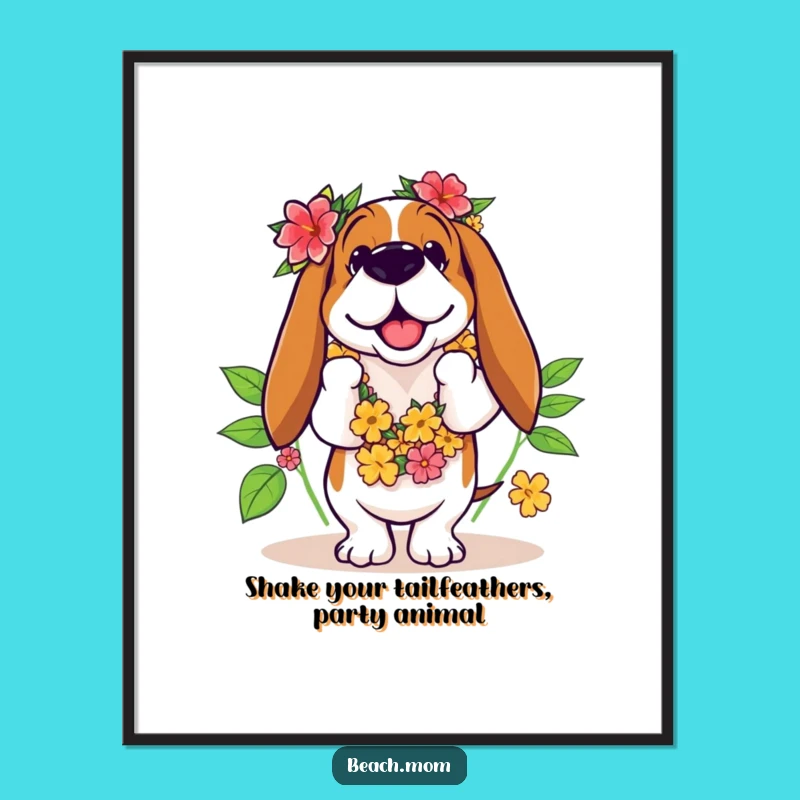 Free Printable Wall Art: Funny Basset Hound Hula Dancer - Humorous Downloadable Art Piece