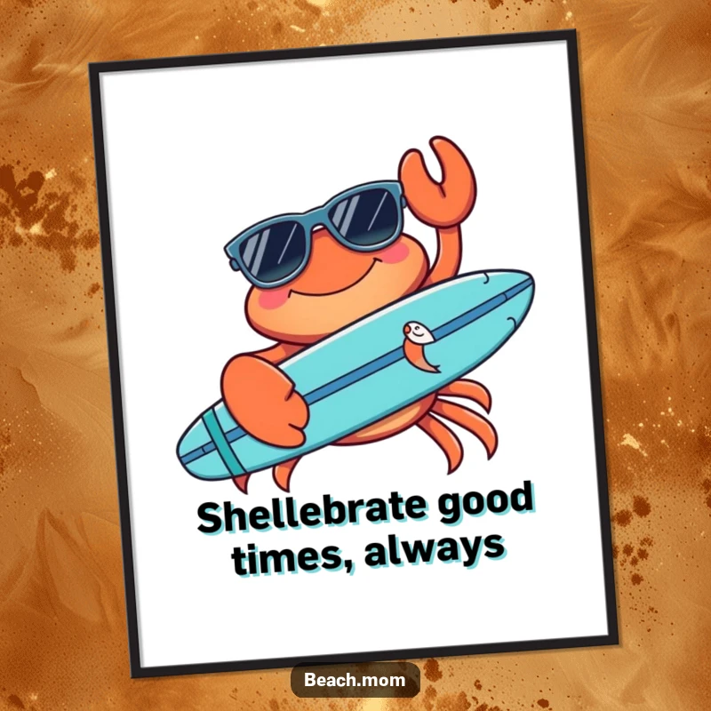 Funny Free Printable Wall Art: A smiling crab wearing dark sunglasses, triumphantly holding a surfboard.