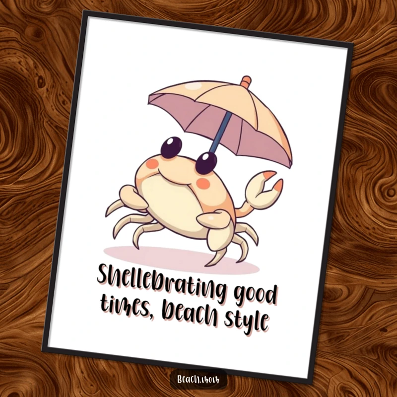 Funny Free Printable Wall Art: A cheerful crab scuttles sideways, humorously carrying a tiny umbrella, adding quirky charm.