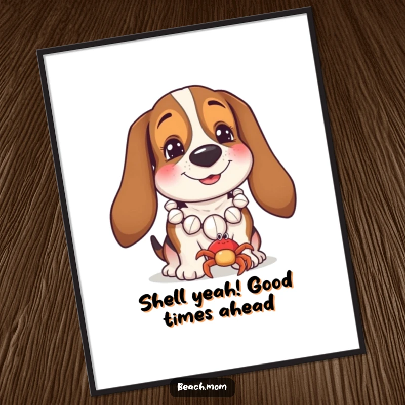 Funny Free Printable Wall Art: Basset hound in seashell necklace beams at its tiny crab pal by the sea.