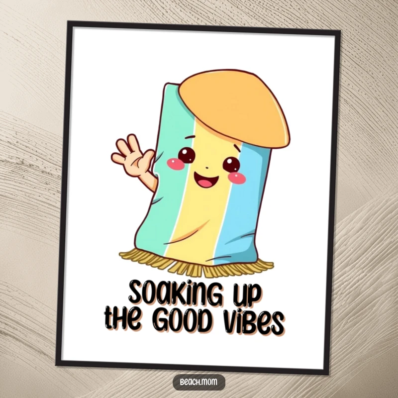 Funny Free Printable Wall Art: A happy beach towel with a big smile waves hello, perfect for coastal decor.