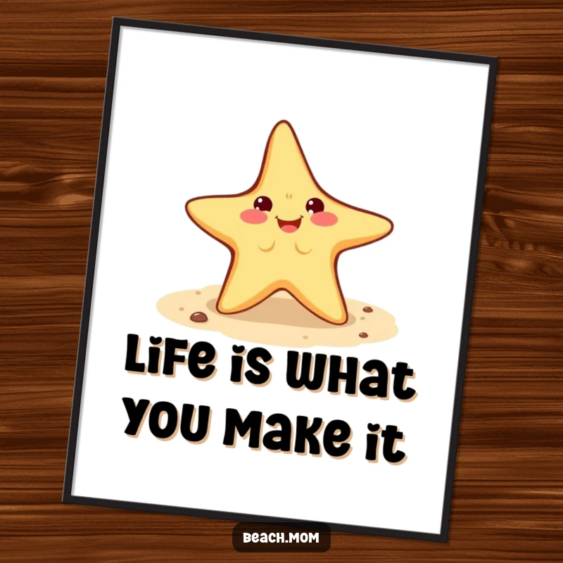 Funny Free Printable Wall Art of a smiling starfish character doing an energetic cartwheel on a sandy beach background.