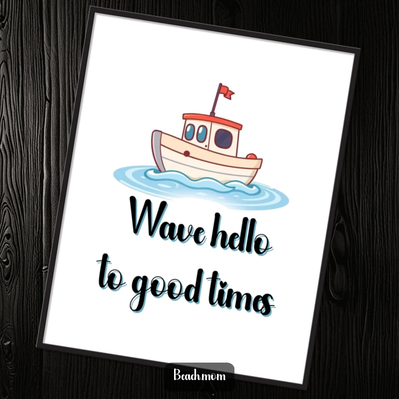 Funny Free Printable Wall Art: A cheerful little boat sailing and bobbing on gentle, sparkling ocean waves.