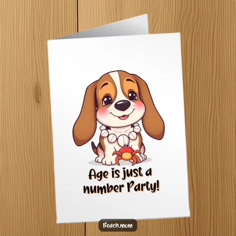 Funny Free Printable Birthday Card: Basset hound with seashell necklace smiles at a tiny crab on the beach.