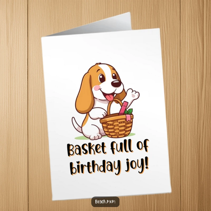 Funny free printable birthday card of a friendly Basset Hound holding a picnic basket, offering a welcoming gesture.