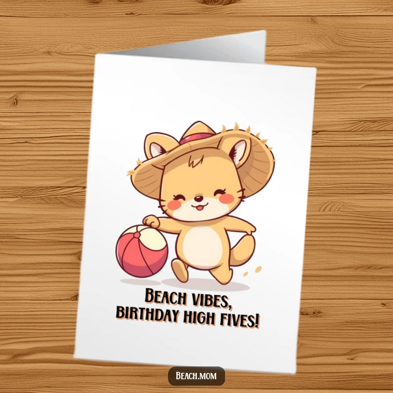 Funny Free Printable Birthday Card: Energetic animal in straw hat joyfully chasing a beach ball. Perfect DIY card.