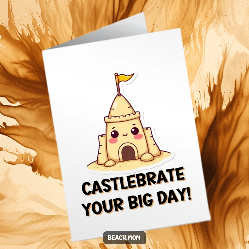 Funny Free Printable Birthday Card: A cheerful sandcastle character with a tiny flag, ready to party and spread smiles.