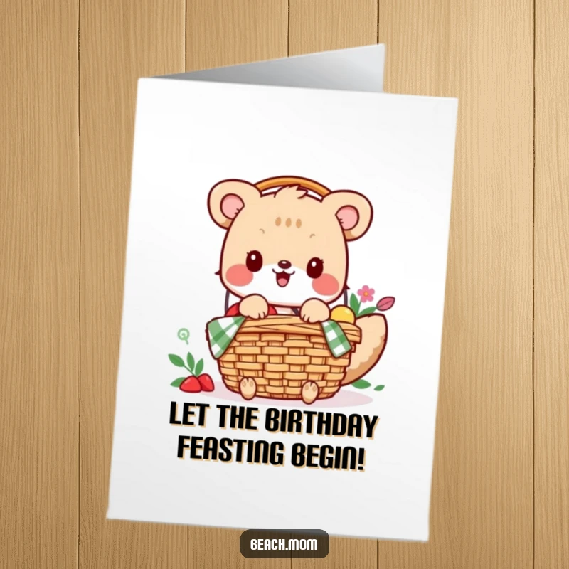Funny Free Printable Birthday Card: Enthusiastic animal happily packing a picnic basket for a fun adventure. Joyful DIY card.