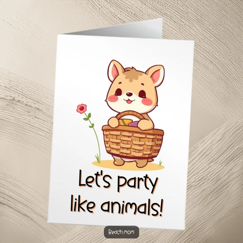 Funny Free Printable birthday card with an excited animal character packing a picnic basket, ready for a fun celebration.