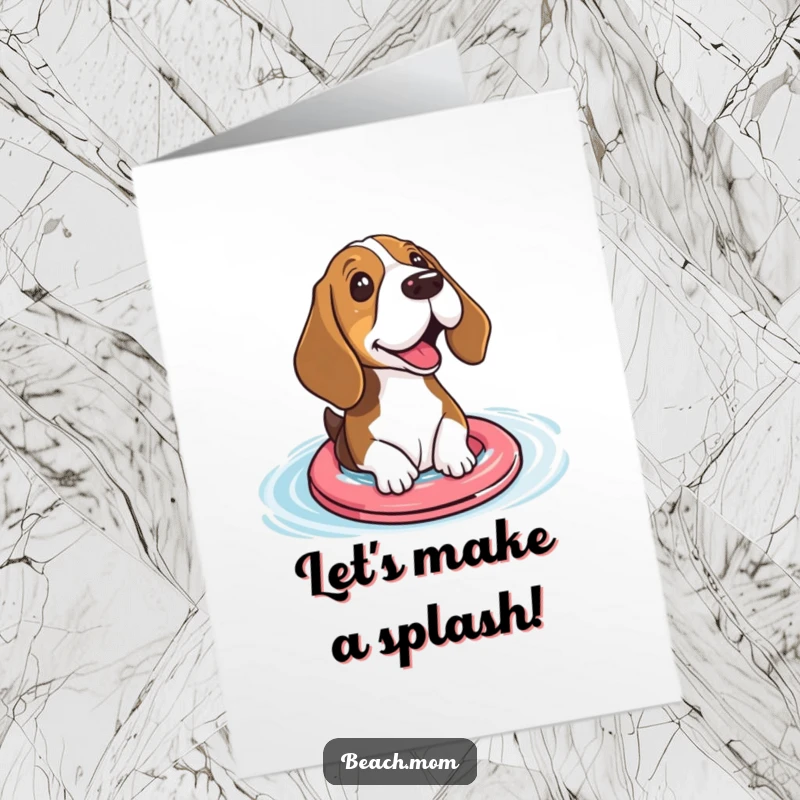 Funny Free Printable Birthday Card: Basset Hound with small floaties excitedly paddling an ocean wave, ready for fun.