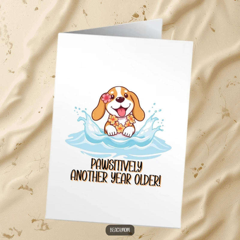 Funny Free Printable Birthday Card: Basset Hound in lei splashing joyfully in ocean waves, conveying birthday cheer.