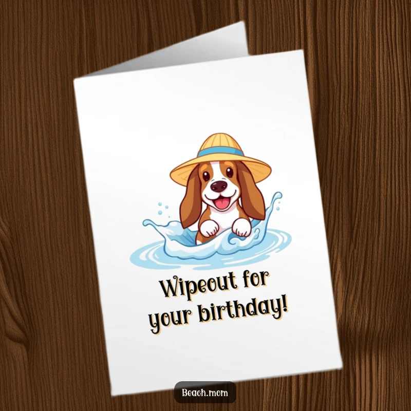 Funny Free Printable Birthday Card: Basset Hound in sun hat joyfully splashing in a tiny wave