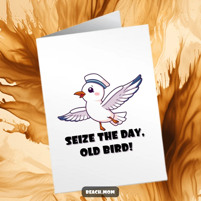 Funny Free Printable Birthday Card: A delighted seagull in a sailor hat soars gleefully through the sky.