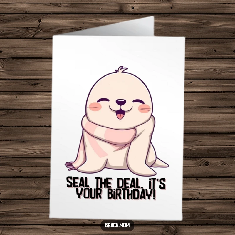 Funny Free Printable Birthday Card: A happy seal wearing a beach towel, winking suggestively, ready to celebrate.