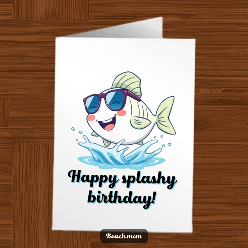 Funny Free Printable Birthday Card - A smiling fish wearing sunglasses, joyfully splashing in a small wave.