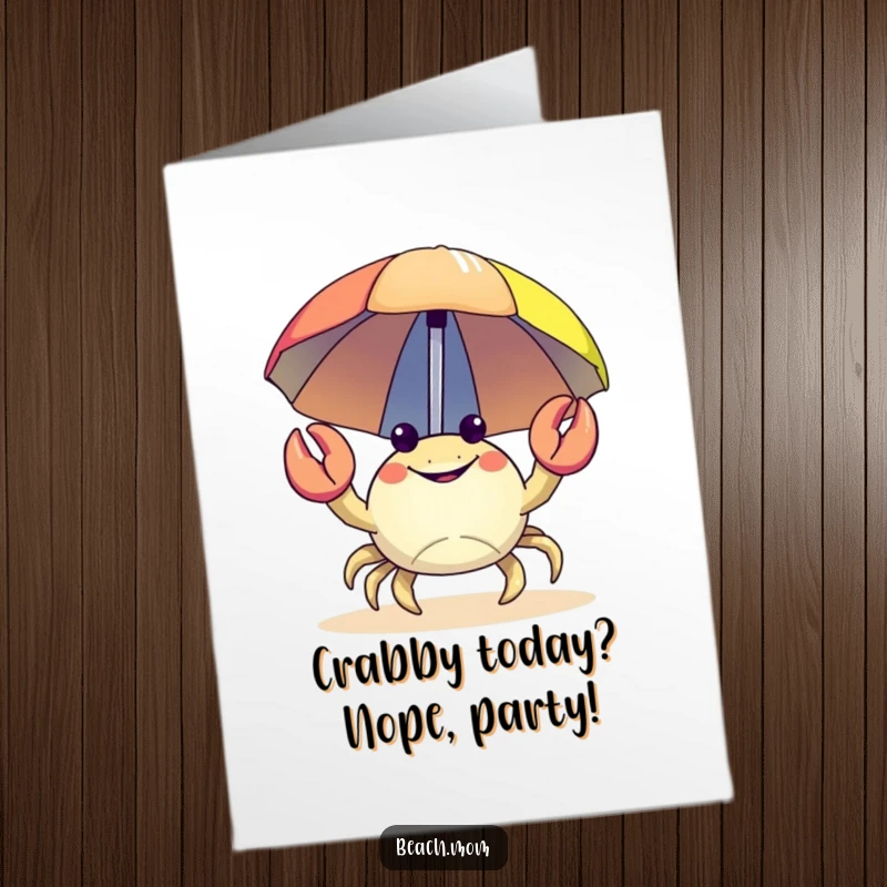 Funny Free Printable Birthday Card: A happy crab carries a colorful beach umbrella, celebrating with seaside cheer.