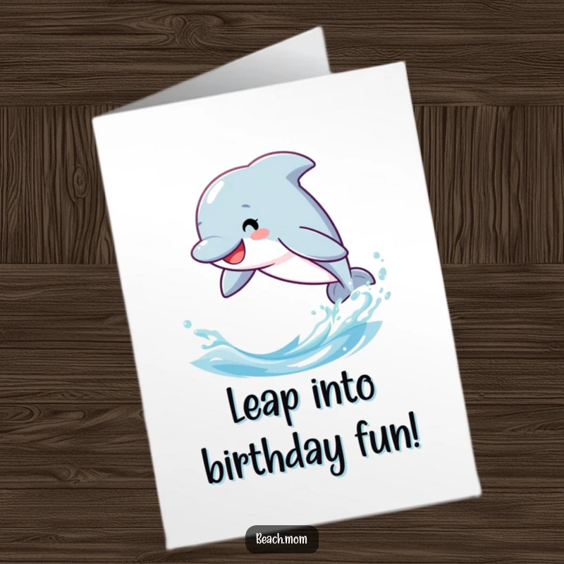 Funny Free Printable Birthday Card: A smiling dolphin leaps joyfully through blue ocean waves.
