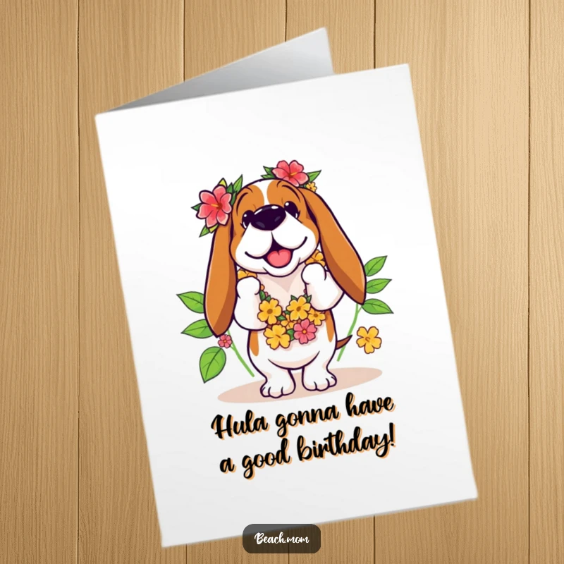 Funny Free Printable Birthday Card: Basset Hound in a lei trips while poorly attempting to hula dance.