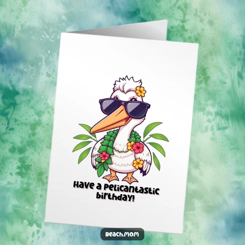 Funny Free Printable Birthday Card: Pelican with shades and lei smiling, ready for a party. Cool and downloadable.