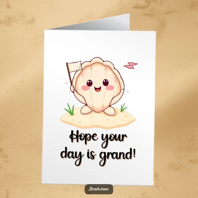 Funny Free Printable Birthday Card featuring a smiling seashell planted in sand, proudly holding a tiny celebratory flag.
