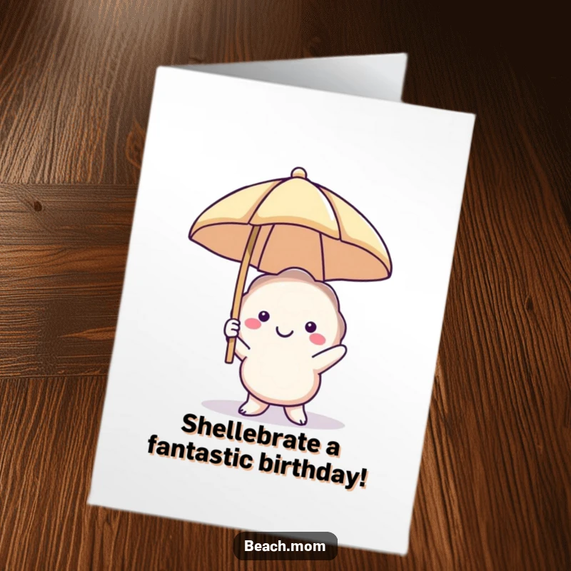 Funny Free Printable Birthday Card: A smiling seashell character holds a beach umbrella aloft, wishing sunny birthday wishes.